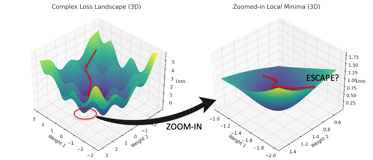 Three-dimensional views of a complex loss landscape and a zoomed-in local minimum